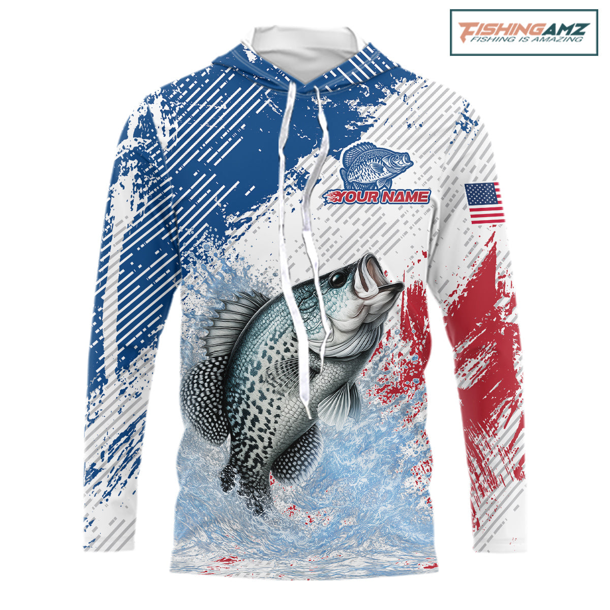 Custom Patriotic American Flag Crappie Hooded Fishing Shirts Long Sleeve, Fishing Tournament Jerseys NHT550