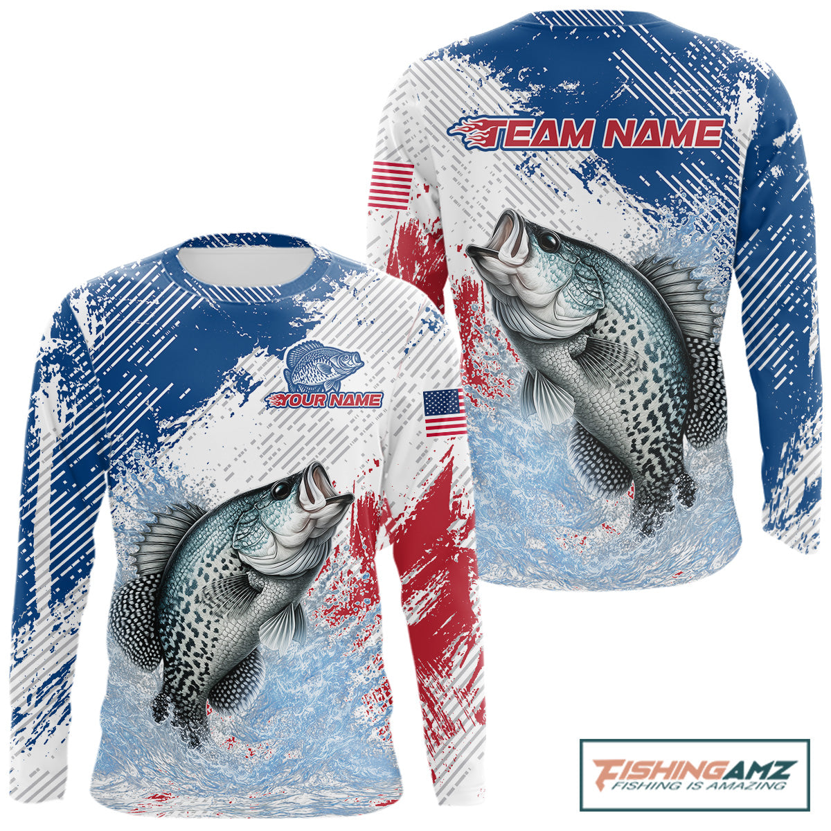 Custom Patriotic American Flag Crappie Fishing Shirts Long Sleeve, Fishing Tournament Jerseys NHT550