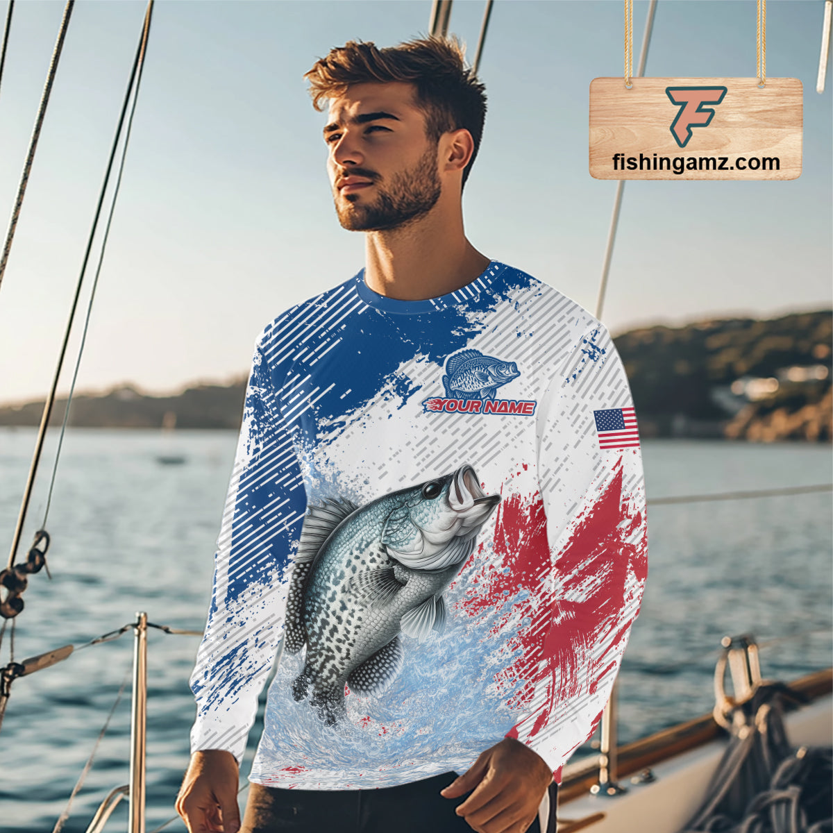 Custom Patriotic American Flag Crappie Fishing Shirts Long Sleeve, Fishing Tournament Jerseys NHT550