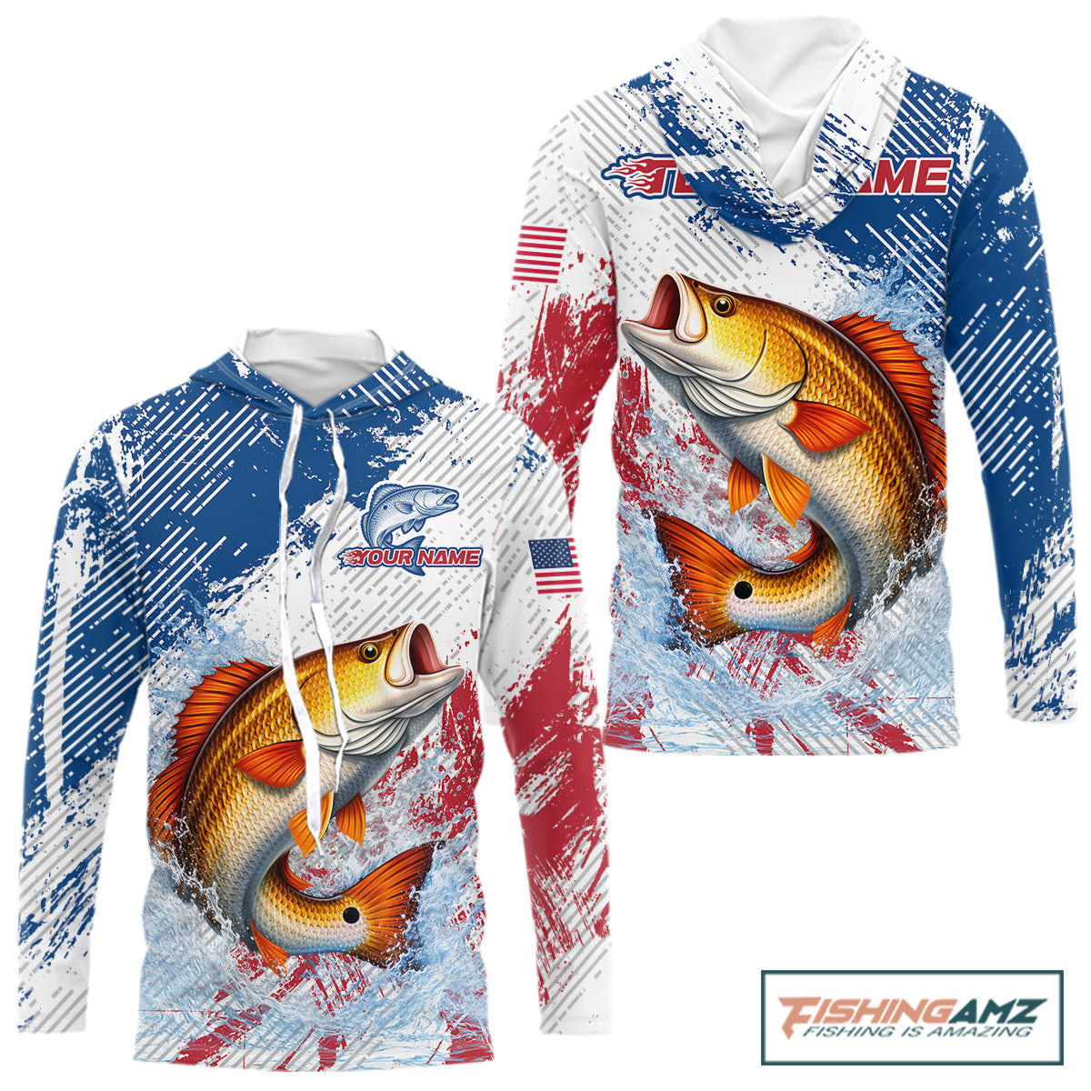 Custom Patriotic American Flag Redfish Hooded Fishing Shirts Long Sleeve, Fishing Tournament Jerseys NHT551
