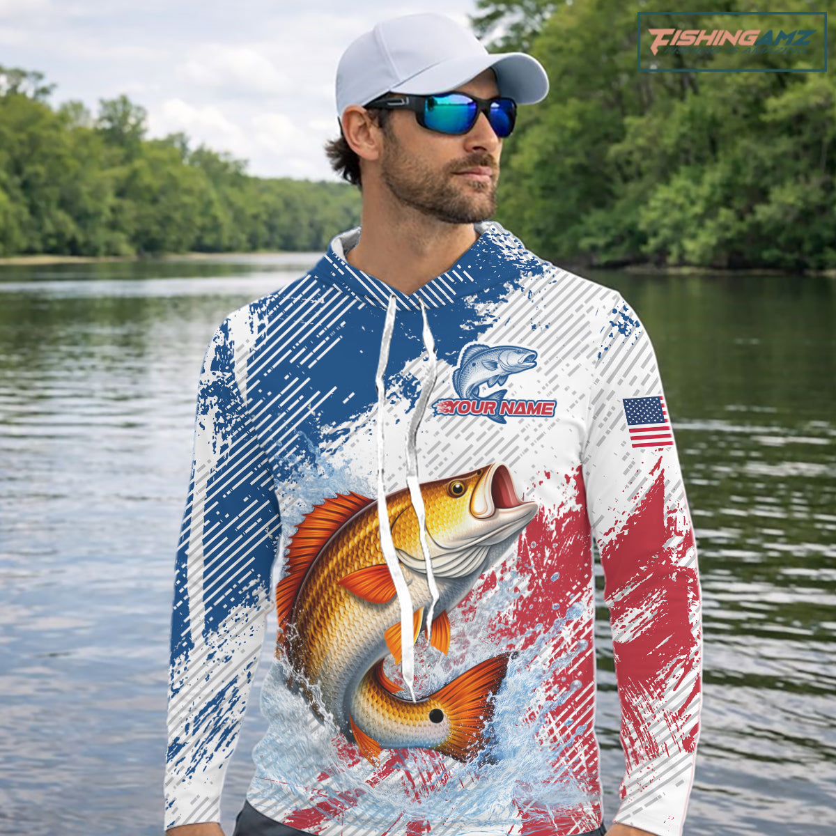 Custom Patriotic American Flag Redfish Hooded Fishing Shirts Long Sleeve, Fishing Tournament Jerseys NHT551