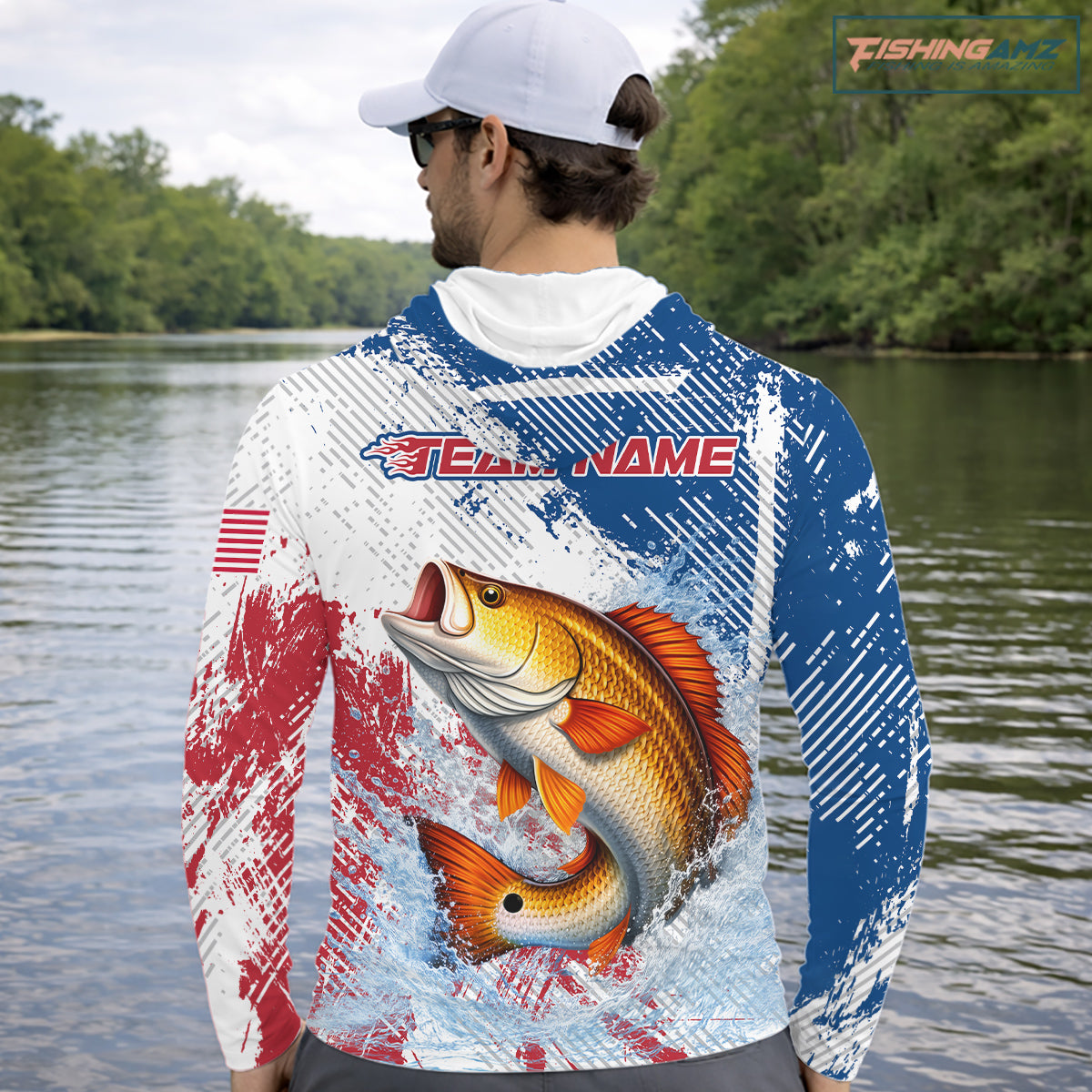 Custom Patriotic American Flag Redfish Hooded Fishing Shirts Long Sleeve, Fishing Tournament Jerseys NHT551