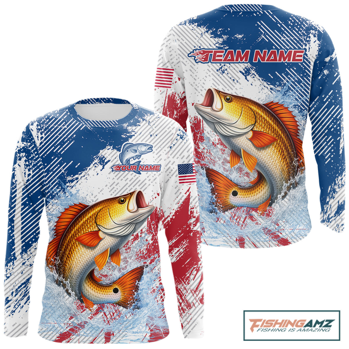 Custom Patriotic American Flag Redfish Fishing Shirts Long Sleeve, Fishing Tournament Jerseys NHT551