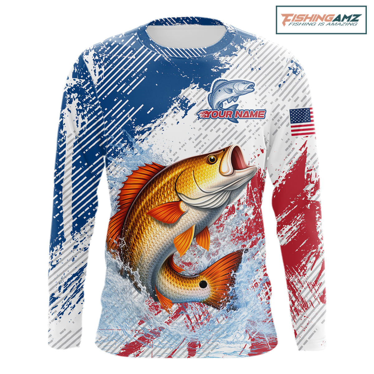 Custom Patriotic American Flag Redfish Fishing Shirts Long Sleeve, Fishing Tournament Jerseys NHT551
