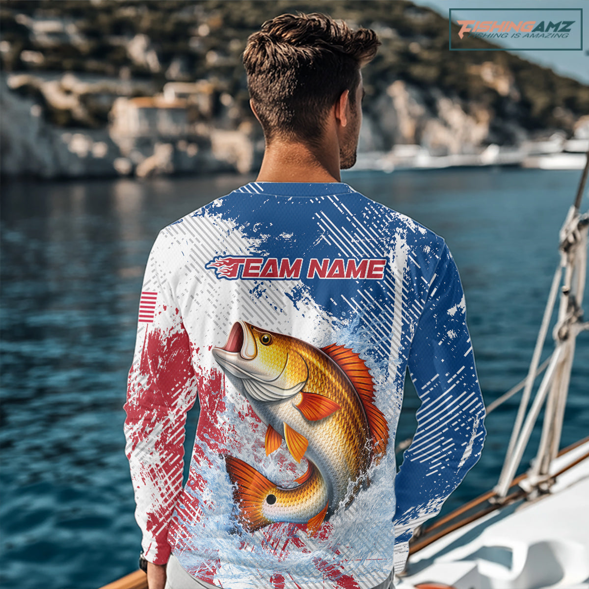 Custom Patriotic American Flag Redfish Fishing Shirts Long Sleeve, Fishing Tournament Jerseys NHT551