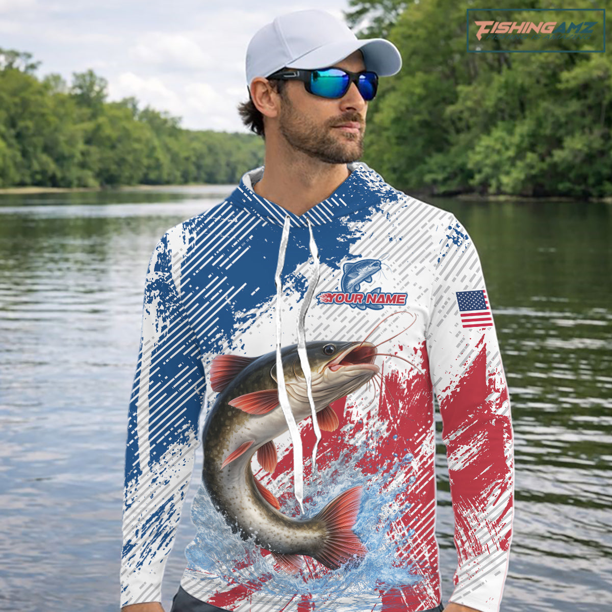 Custom Patriotic American Flag Catfish Hooded Fishing Shirts Long Sleeve, Fishing Tournament Jerseys NHT552
