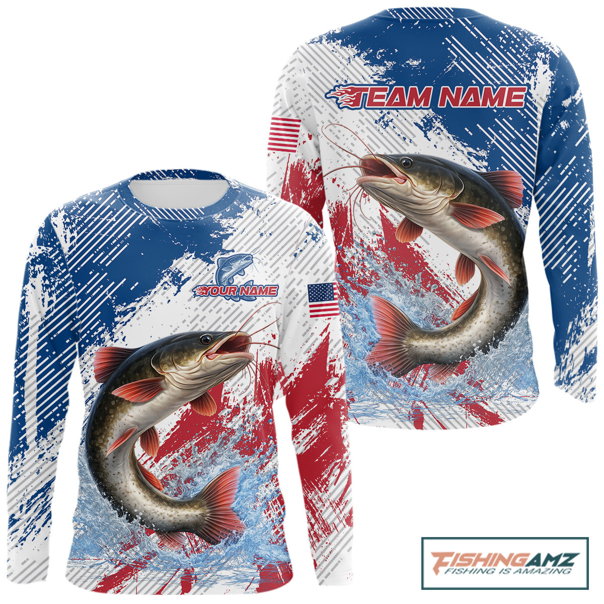 Custom Patriotic American Flag Catfish Fishing Shirts Long Sleeve, Fishing Tournament Jerseys NHT552
