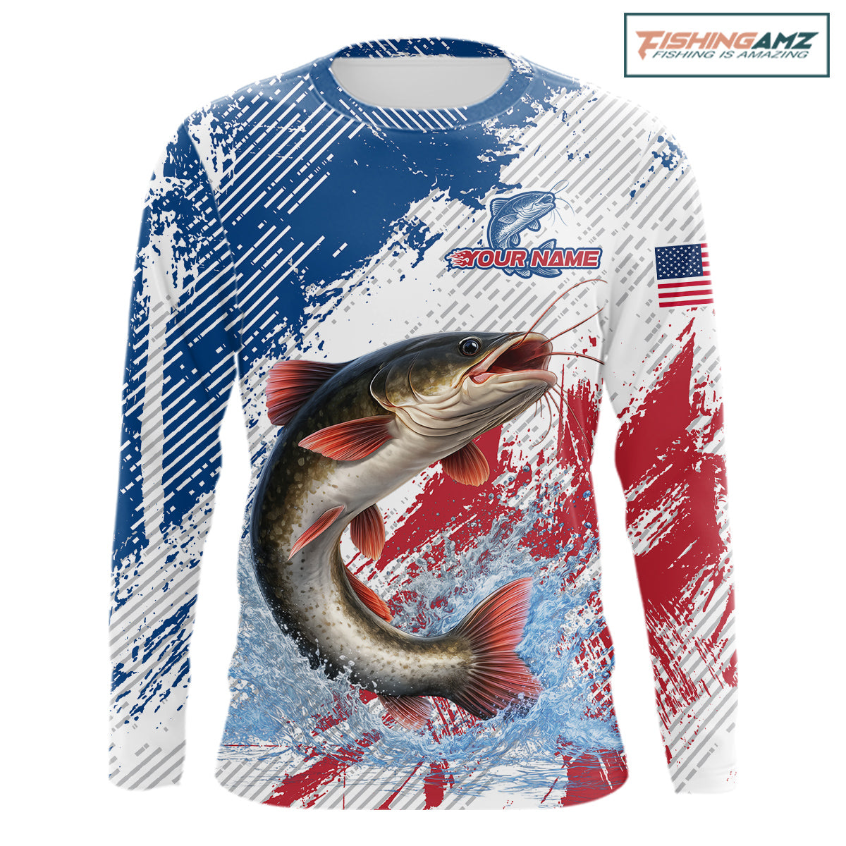 Custom Patriotic American Flag Catfish Fishing Shirts Long Sleeve, Fishing Tournament Jerseys NHT552