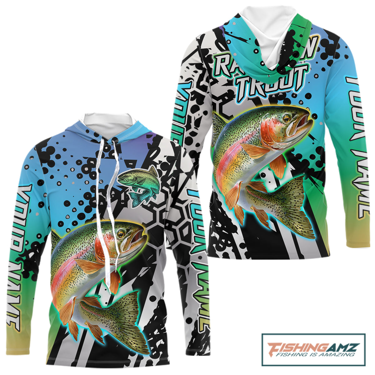Rainbow trout custom hooded long sleeve performance fishing shirt, trout fishing jersey