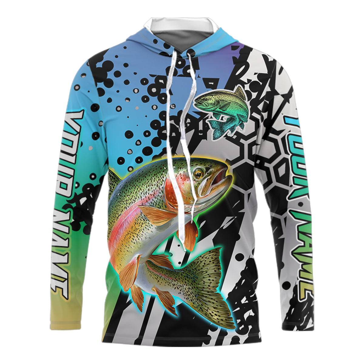 Rainbow trout custom hooded long sleeve performance fishing shirt, trout fishing jersey