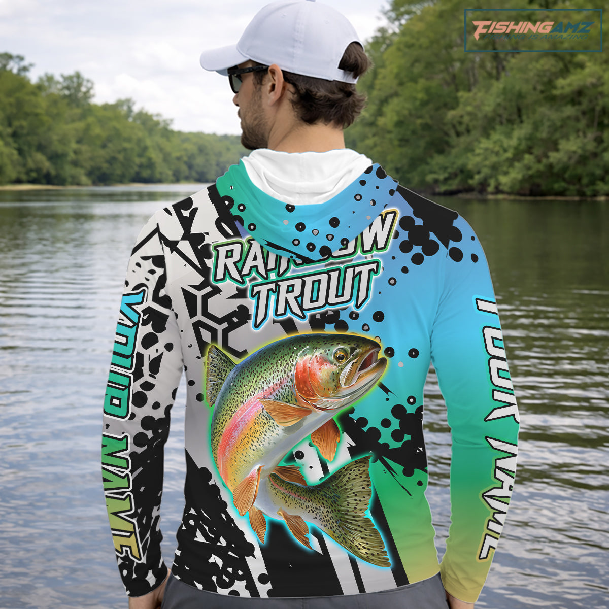 Rainbow trout custom hooded long sleeve performance fishing shirt, trout fishing jersey