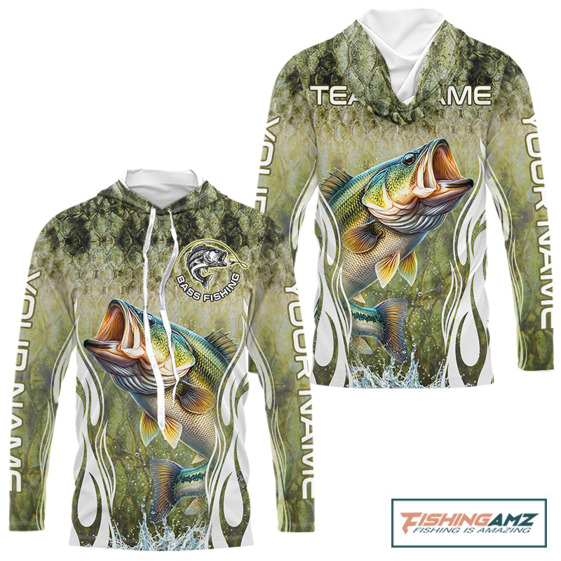 Personalized Bass Team Fishing Shirt - Long Sleeve Hooded Tournament Fishing Apparel NHT1101