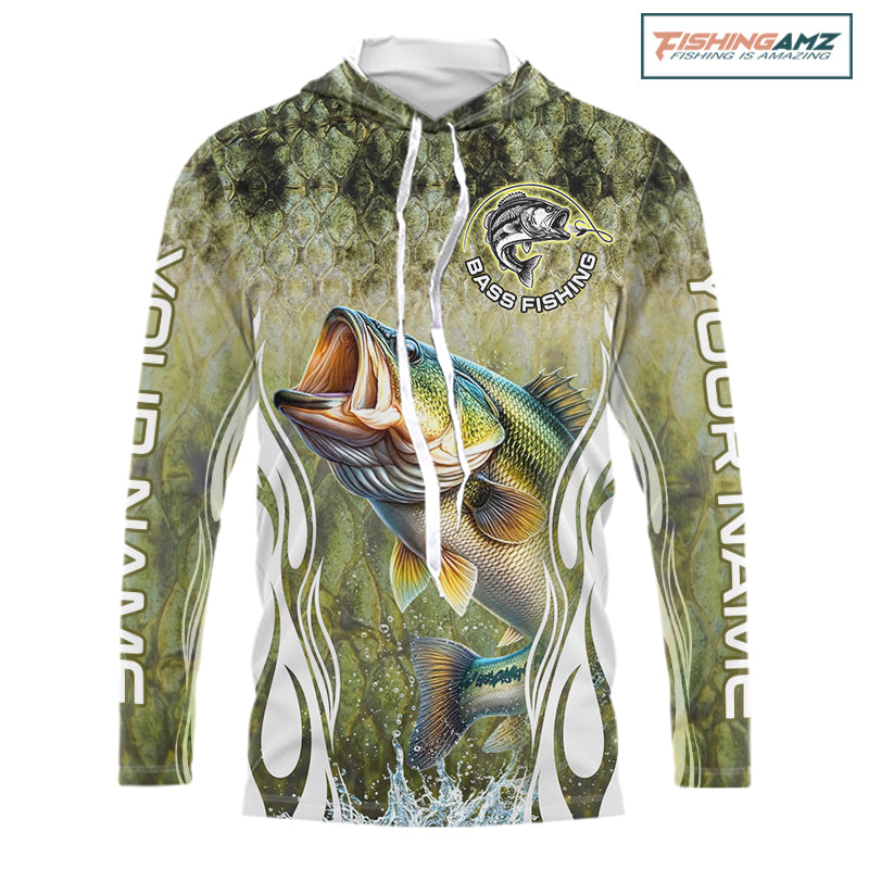 Personalized Bass Team Fishing Shirt - Long Sleeve Hooded Tournament Fishing Apparel NHT1101