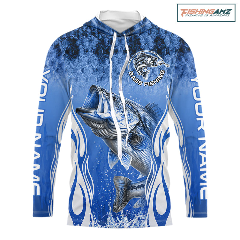 Personalized Team Bass Fishing Shirt - Long Sleeve Hooded Tournament Fishing Apparel|Blue NHT1102
