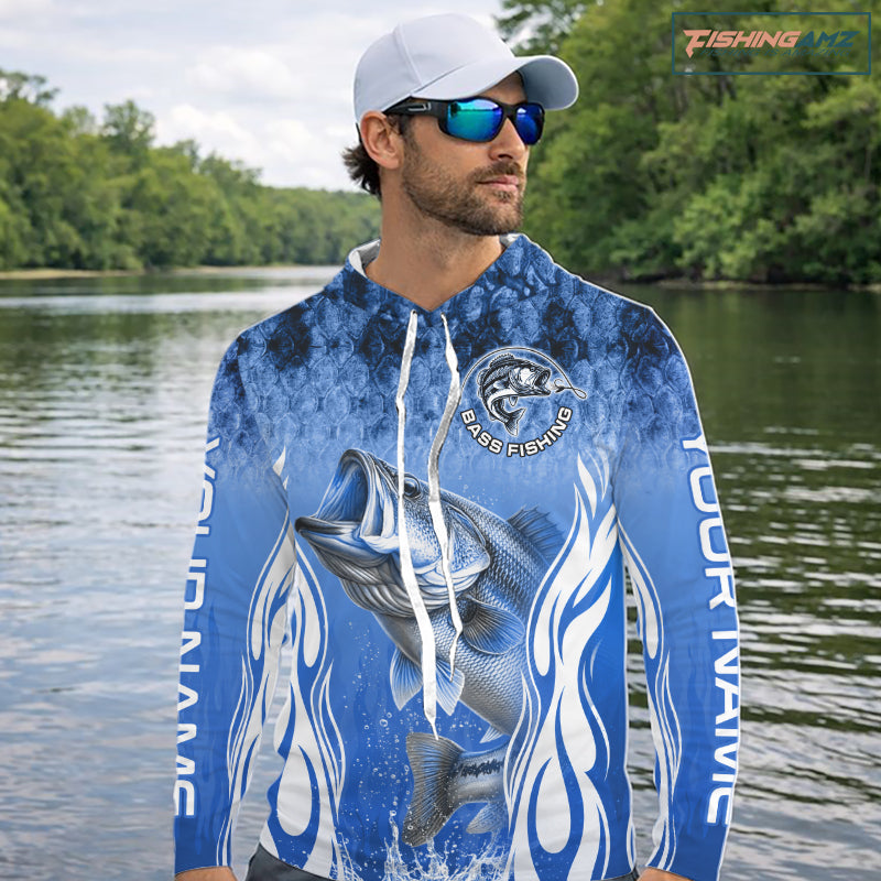 Personalized Team Bass Fishing Shirt - Long Sleeve Hooded Tournament Fishing Apparel|Blue NHT1102