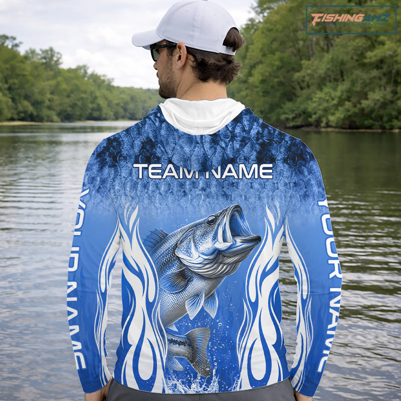 Personalized Team Bass Fishing Shirt - Long Sleeve Hooded Tournament Fishing Apparel|Blue NHT1102