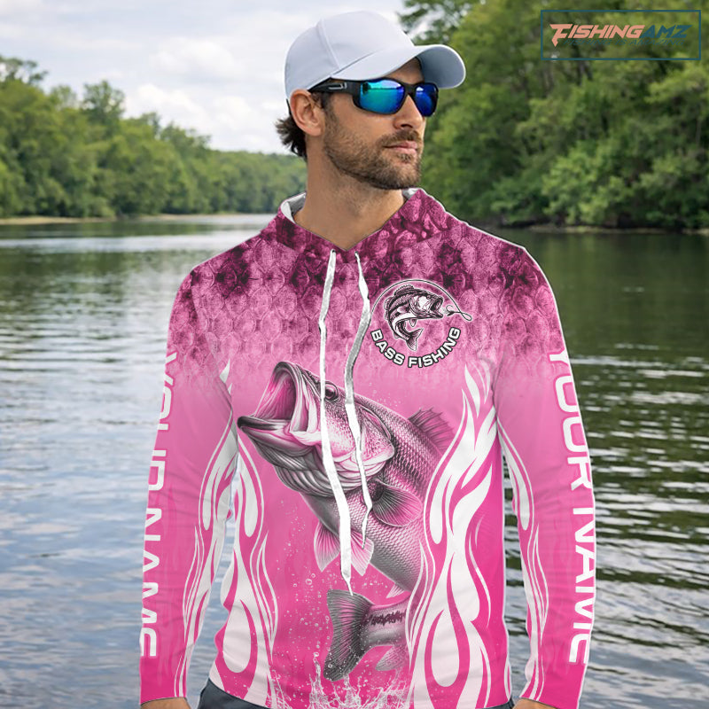 Personalized Team Bass Fishing Shirt - Long Sleeve Hooded Tournament Fishing Apparel|Pink NHT1103