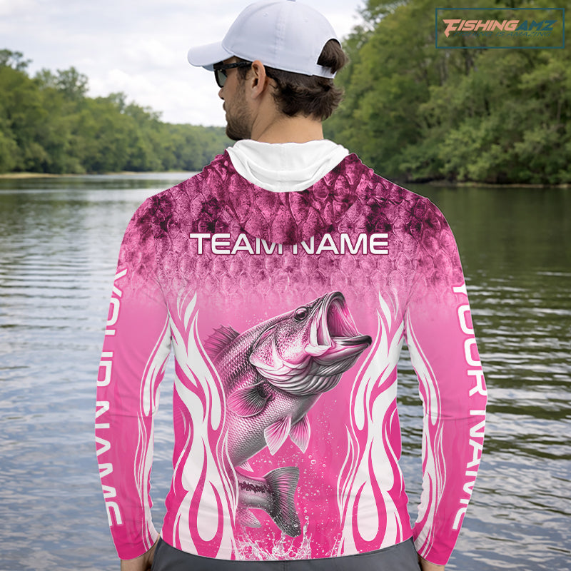 Personalized Team Bass Fishing Shirt - Long Sleeve Hooded Tournament Fishing Apparel|Pink NHT1103