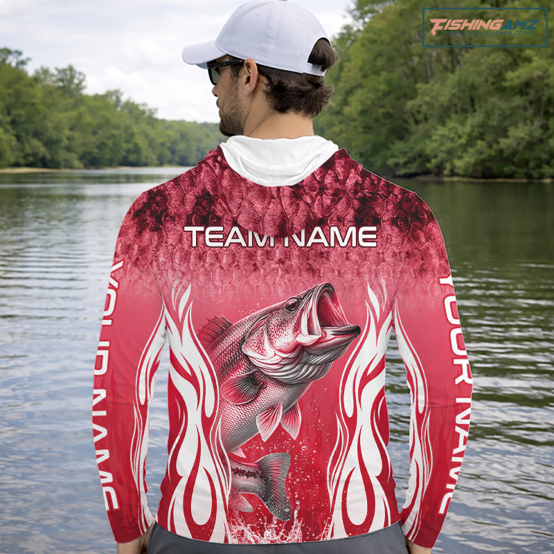 Personalized Team Bass Fishing Shirt - Long Sleeve Hooded Tournament Fishing Apparel|Red NHT1104