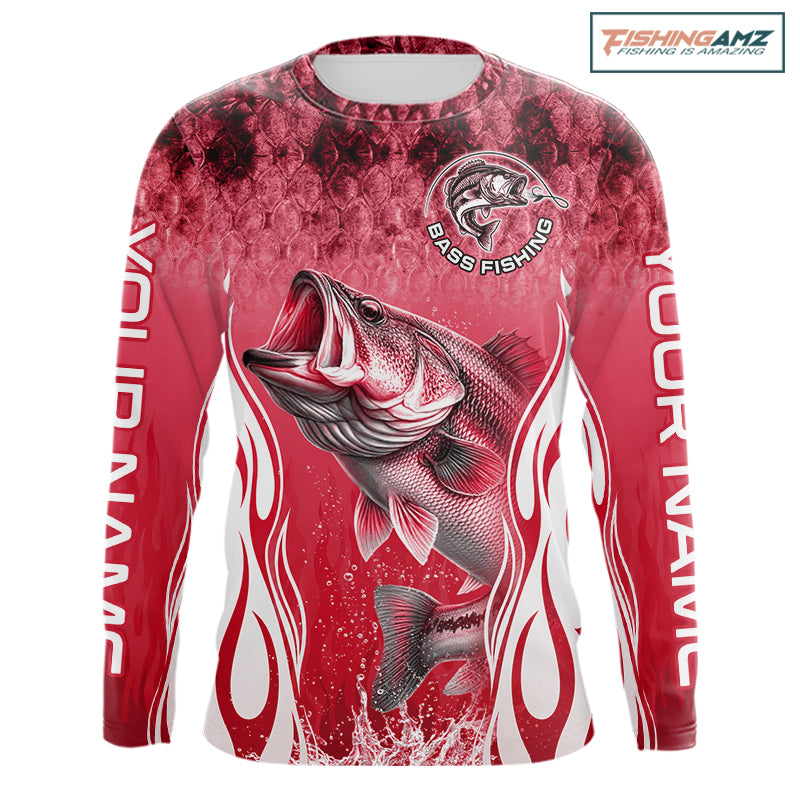 Personalized Team Bass Fishing Shirt - Long Sleeve Tournament Fishing Apparel|Red NHT1104