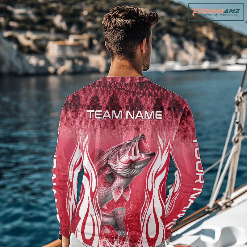 Personalized Team Bass Fishing Shirt - Long Sleeve Tournament Fishing Apparel|Red NHT1104