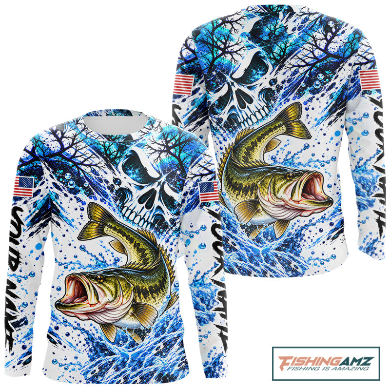 Largemouth Bass Fishing Shirt Custom Skull Blue Splash Water US Flag Long Sleeve Apparel NHT1737