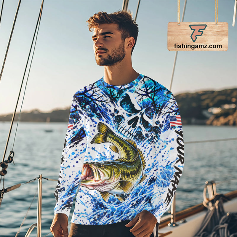 Largemouth Bass Fishing Shirt Custom Skull Blue Splash Water US Flag Long Sleeve Apparel NHT1737