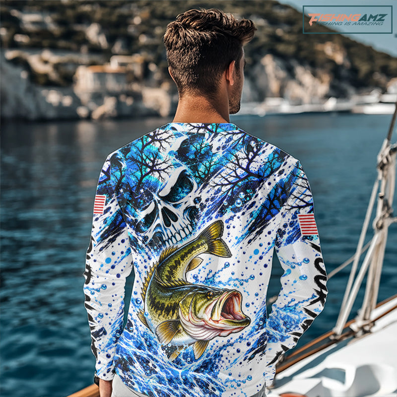 Largemouth Bass Fishing Shirt Custom Skull Blue Splash Water US Flag Long Sleeve Apparel NHT1737