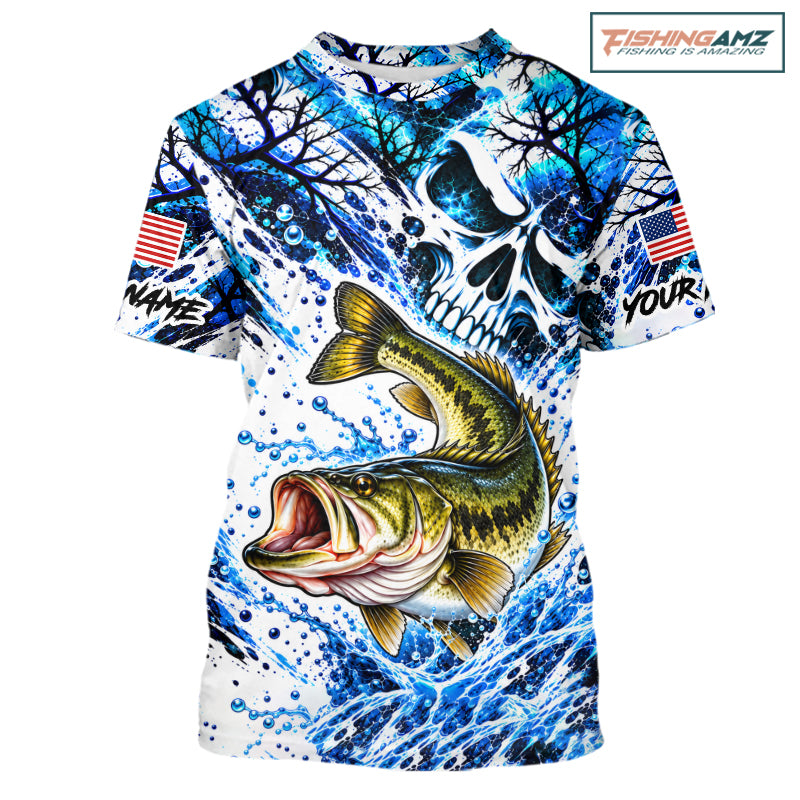 Largemouth Bass Fishing Shirt Custom Skull Blue Splash Water US Flag Short Sleeve Apparel NHT1737