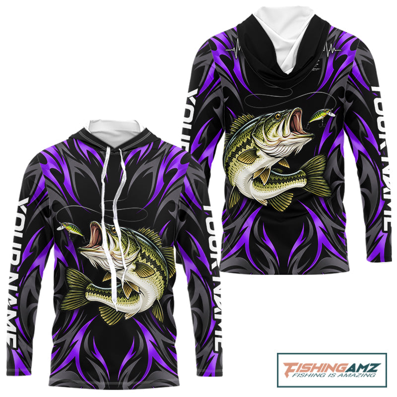 Purple Neon Bass Fish Hooded Fishing Shirt Custom Outdoor Sports Angler Long Sleeve Performance Jersey NHT1738