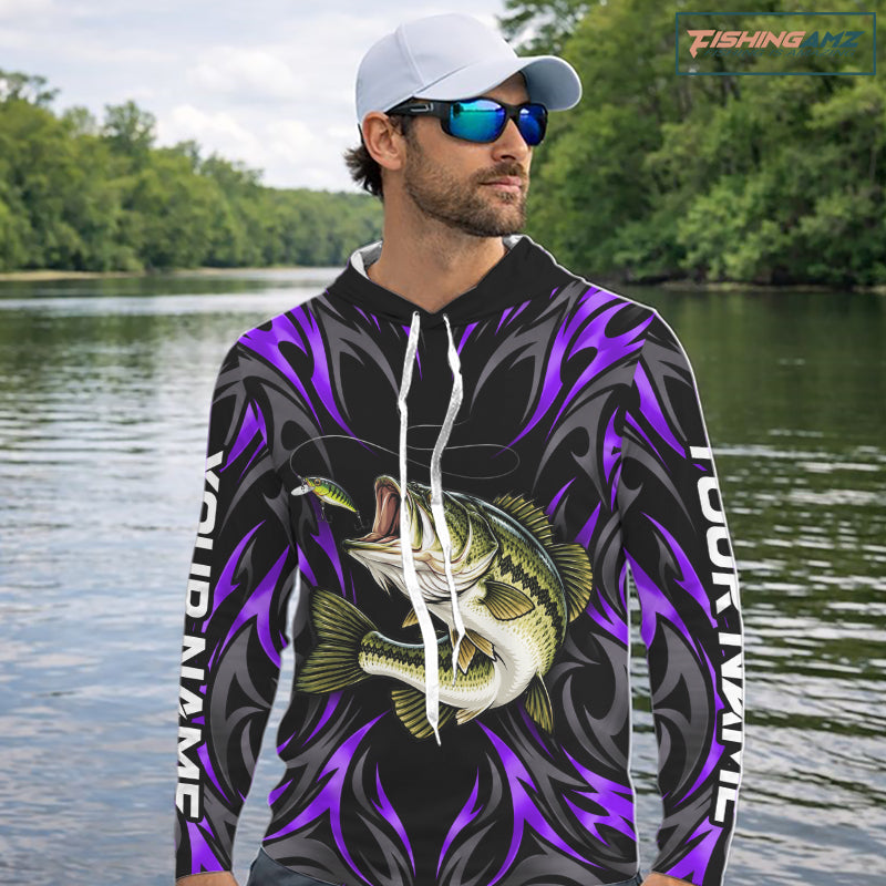 Purple Neon Bass Fish Hooded Fishing Shirt Custom Outdoor Sports Angler Long Sleeve Performance Jersey NHT1738