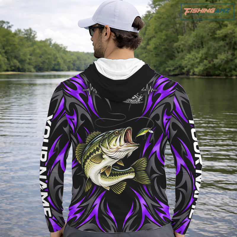 Purple Neon Bass Fish Hooded Fishing Shirt Custom Outdoor Sports Angler Long Sleeve Performance Jersey NHT1738