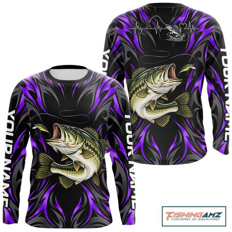 Purple Neon Bass Fish Fishing Shirt Custom Outdoor Sports Angler Long Sleeve Performance Jersey NHT1738