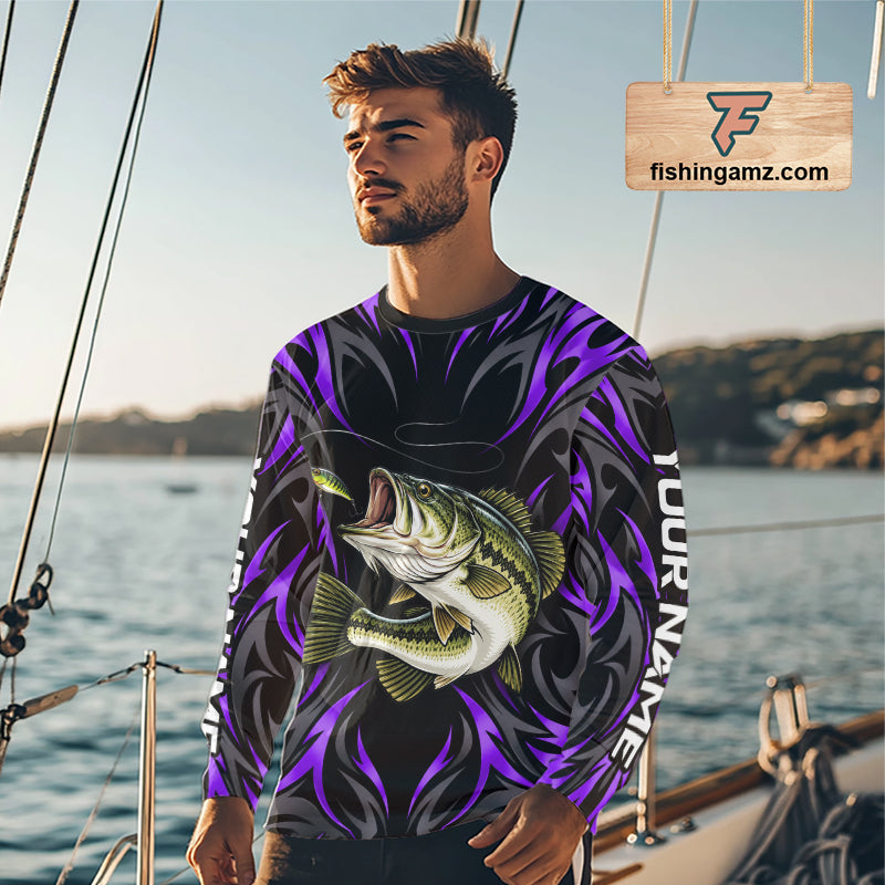 Purple Neon Bass Fish Fishing Shirt Custom Outdoor Sports Angler Long Sleeve Performance Jersey NHT1738