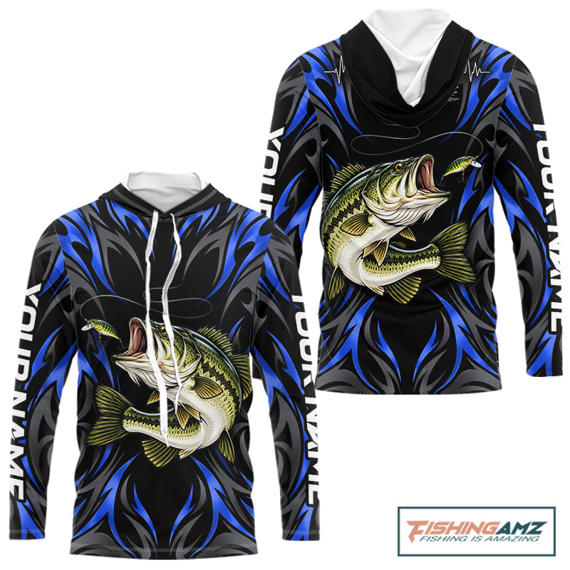 Blue Neon Bass Fish Hooded Fishing Shirt Custom Outdoor Sports Angler Long Sleeve Performance Jersey NHT1739