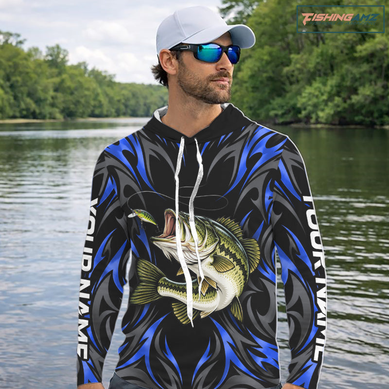 Blue Neon Bass Fish Hooded Fishing Shirt Custom Outdoor Sports Angler Long Sleeve Performance Jersey NHT1739