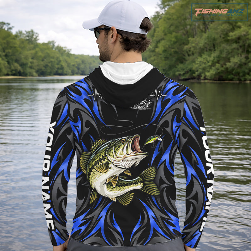 Blue Neon Bass Fish Hooded Fishing Shirt Custom Outdoor Sports Angler Long Sleeve Performance Jersey NHT1739