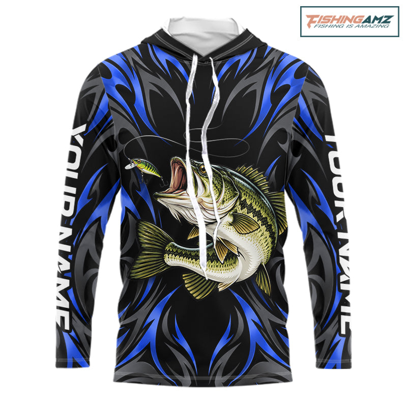 Blue Neon Bass Fish Hooded Fishing Shirt Custom Outdoor Sports Angler Long Sleeve Performance Jersey NHT1739