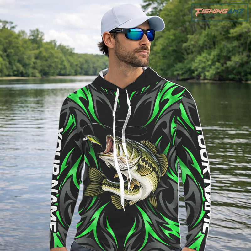 Green Neon Bass Fish Hooded Fishing Shirt Custom Outdoor Sports Angler Long Sleeve Performance Jersey NHT1740