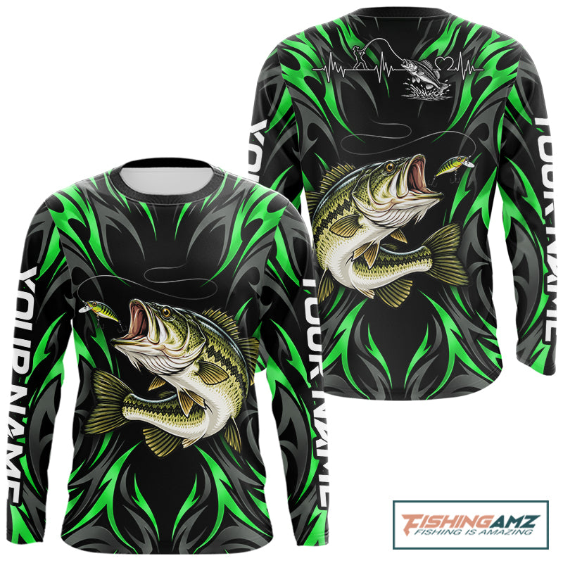 Green Neon Bass Fish Fishing Shirt Custom Outdoor Sports Angler Long Sleeve Performance Jersey NHT1740
