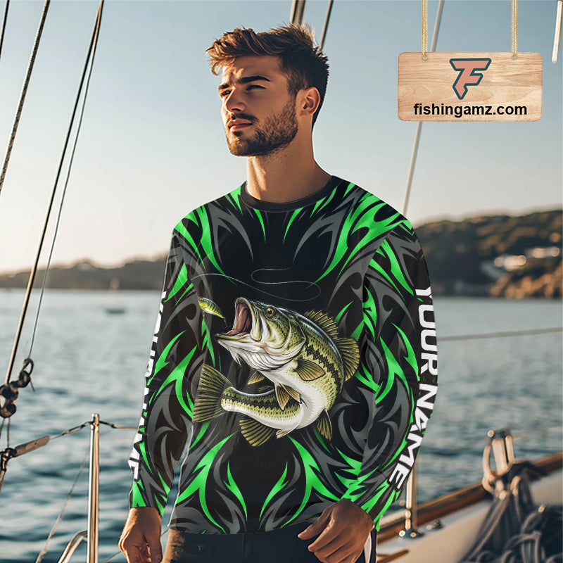 Green Neon Bass Fish Fishing Shirt Custom Outdoor Sports Angler Long Sleeve Performance Jersey NHT1740