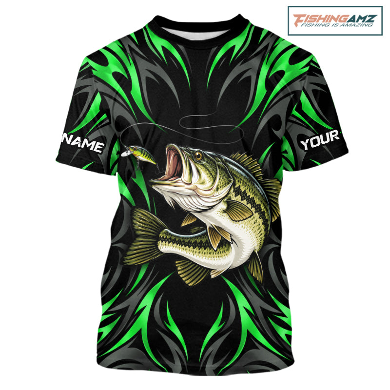 Green Neon Bass Fish Fishing Shirt Custom Outdoor Sports Angler Short Sleeve Performance Jersey NHT1740