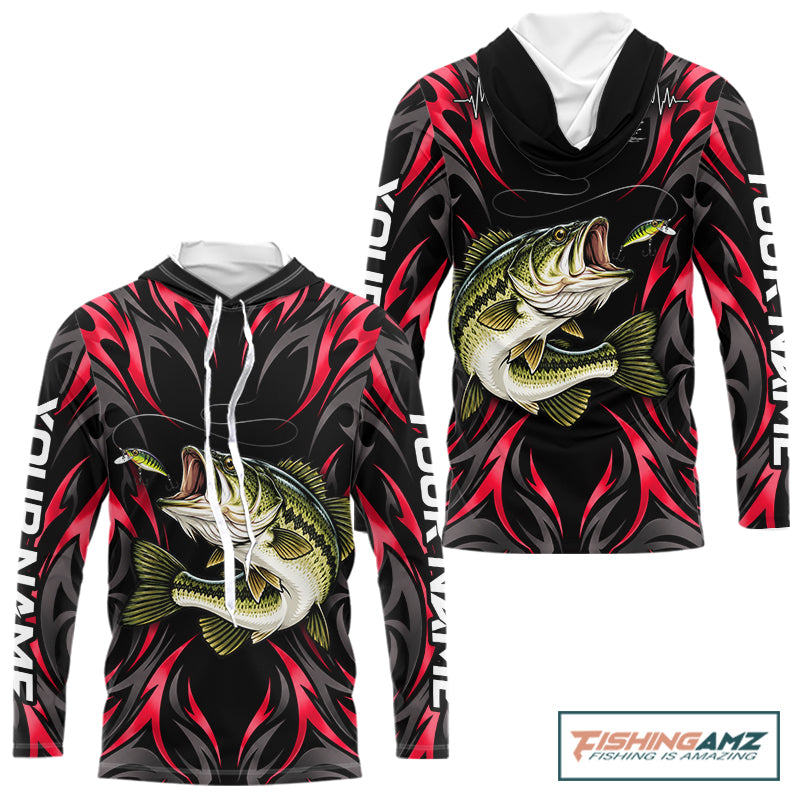 Red Neon Bass Fish Hooded Fishing Shirt Custom Outdoor Sports Angler Long Sleeve Performance Jersey NHT1741