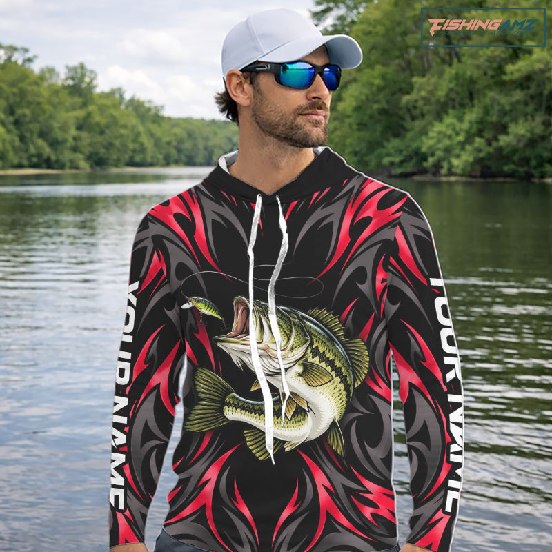 Red Neon Bass Fish Hooded Fishing Shirt Custom Outdoor Sports Angler Long Sleeve Performance Jersey NHT1741