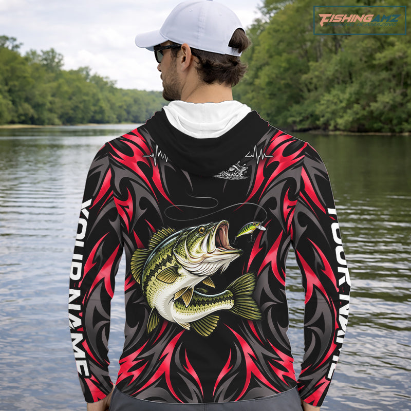 Red Neon Bass Fish Hooded Fishing Shirt Custom Outdoor Sports Angler Long Sleeve Performance Jersey NHT1741