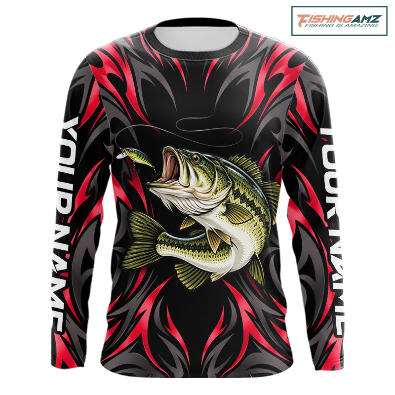 Red Neon Bass Fish Fishing Shirt Custom Outdoor Sports Angler Long Sleeve Performance Jersey NHT1741