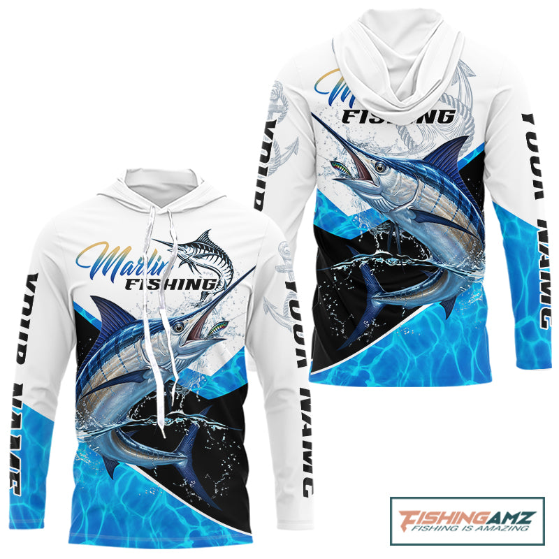 Custom Marlin Saltwater Fishing Shirt Long Sleeve Hooded Designed For Deep Sea Anglers NHT1106