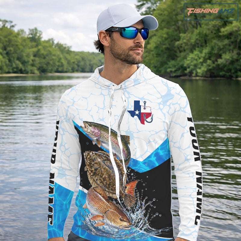 Texas Saltwater Fishing Shirt Trout Flounder Redfish Long Sleeve Hooded Performance Apparel