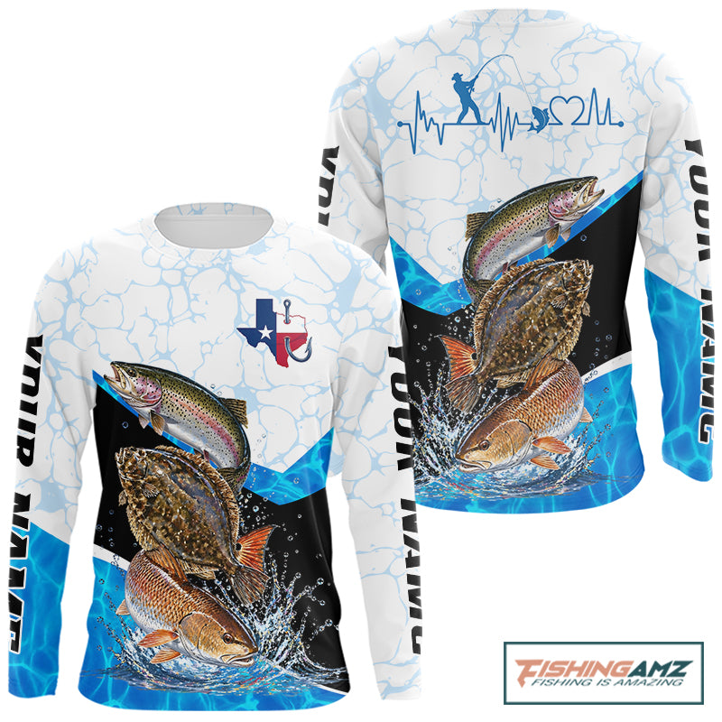 Design is Texas Saltwater Fishing Shirt Trout Flounder Redfish Long Sleeve Performance Apparel