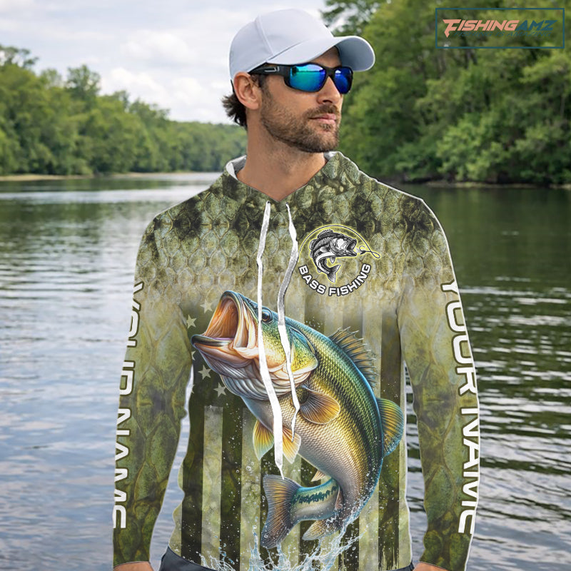 Custom Bass Fishing Shirt 3D Personalized Team Name Long Sleeve Hooded UV Protection Fishing Jersey
